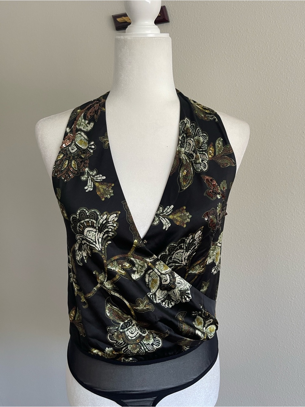 Marciano Black Metallic Floral Halter Camisole